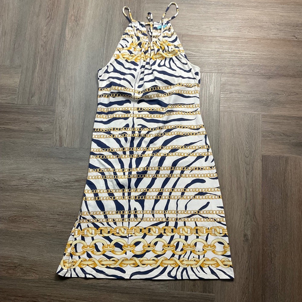 J.McLaughlin Zebra Chain Print Halter Dress Womens XS Blue White Gold Resort